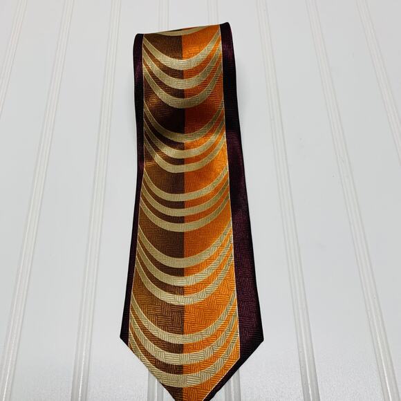 Vintage Necktie  Tie Wide 70s Brown Orange Geometric Design - Picture 2 of 6